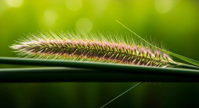 A macro shot of a fuzzy, purple-tinged grass seed head resting on a dark green blade against a soft bokeh background.