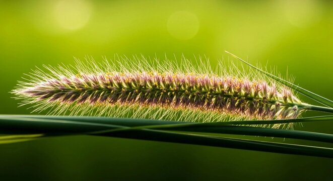 Close-up of a feathery foxtail grass seed head resting on blades of grass, set against a vibrant, soft green bokeh background.