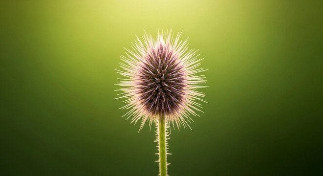 Macro shot of a prickly teasel flower head with delicate purple highlights against a soft, blurred green background.