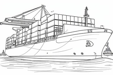 Obraz premium Coloring page for kids featuring a large container ship with containers on the deck, sailing in open water, with bold black lines, no shading, and simple outlines, including small cargo ships nearby.