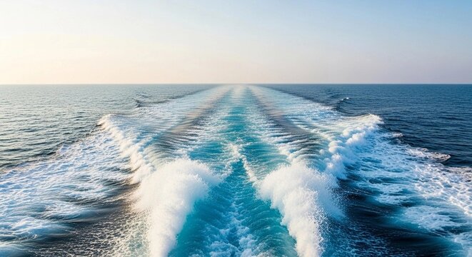 White wake of a ship on the deep blue sea heading towards the horizon under a clear sky
