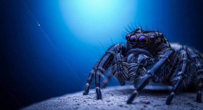 Macro portrait of a jumping spider with a water drop on its head against a glowing blue background.