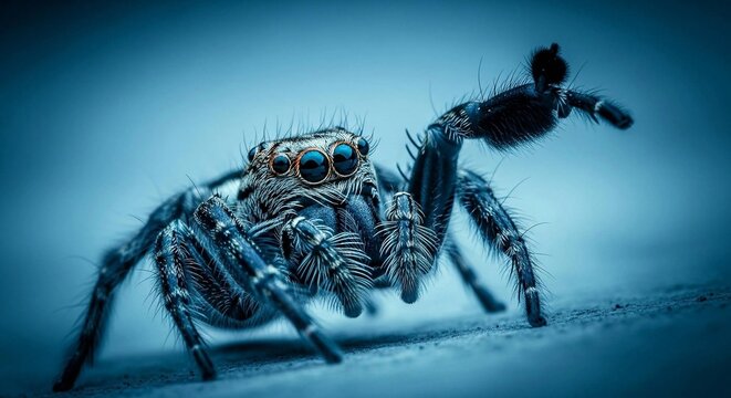 Extreme macro photography of a hairy jumping spider with large eyes against a blue background.