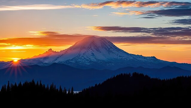 A serene mountain landscape at sunset with snow-capped peaks and trees