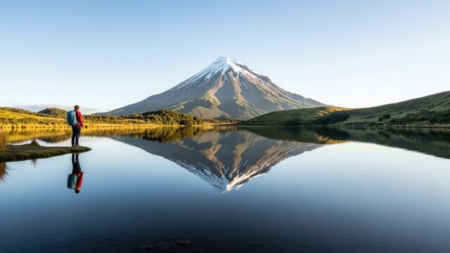 A serene landscape of a person standing by a lake with a majestic mountain in the background