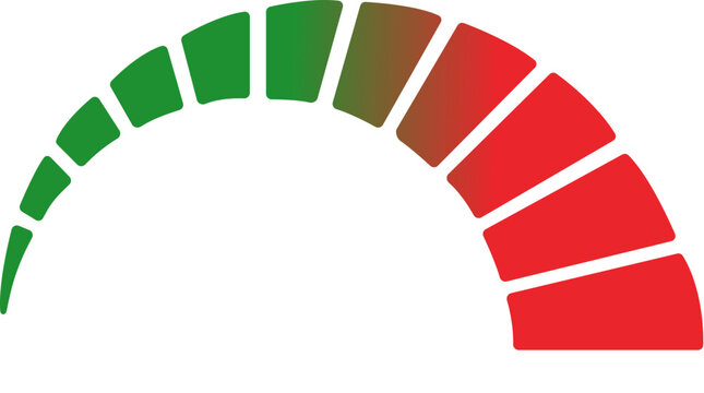 Speedometer or credit score gauge scale from green to red in flat design style isolated