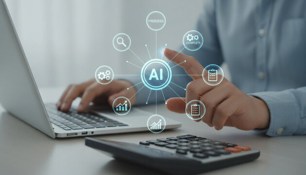 Professional accountant utilizing artificial intelligence software on laptop with business icons for automation.