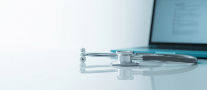 Medical stethoscope on desk with laptop screen technology healthcare concept abstract.