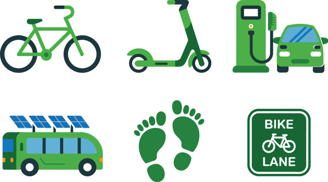 Green eco-friendly transportation and sustainable living icons set