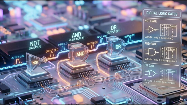 Ultra realistic 3D visualization of digital logic gates with binary signal flow and labeled inputs outputs, cinematic lighting and structured explanation panel in pastel electronic circuit background
