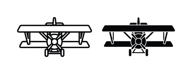 Vintage biplane icons in outline and silhouette styles, retro propeller airplane vector set, antique aircraft front view symbols for aviation design © Hasan