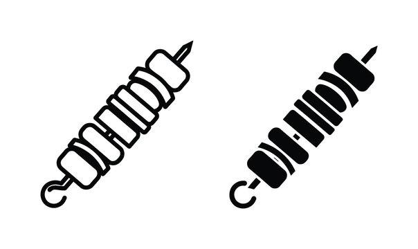 Minimalist shish kebab vector icons, grilled meat and vegetable skewer symbols, black and white barbecue food graphics for restaurant menus
