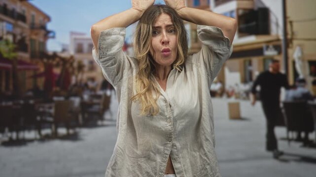 Woman with hands on head and open linen shirt laughing and posing among outdoor cafe tables on a sunny street; playful joy.
