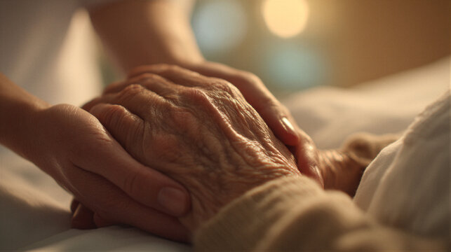 Close-up medical staff hand holding patient hand, soft window light, warm amber rim light. Macro, shallow depth, creamy bokeh. Detail skin texture. Healing emotion, human care. Copy space for text.