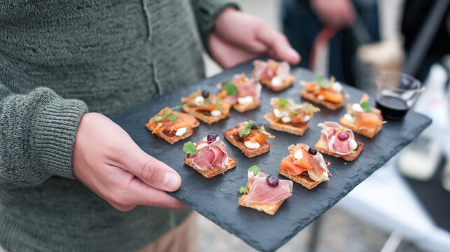 A person holding a slate tray of assorted canap&eacute;s