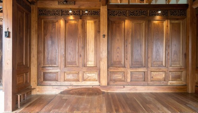 a warm wooden room with rich wood floors, two closed paneled doors, soft light casting gentle shadows across the grain