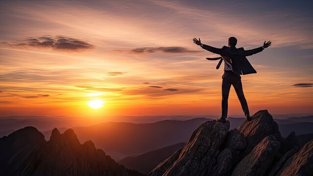 A triumphant man stands on a mountain peak at sunset with arms outstretched