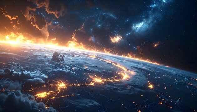 Dramatic cosmic storm with lightning swirling around a distant planet under starry sky