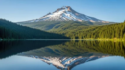 Fototapete Reflection A serene mountain landscape with a snow-capped peak reflected in a calm lake  © Sada