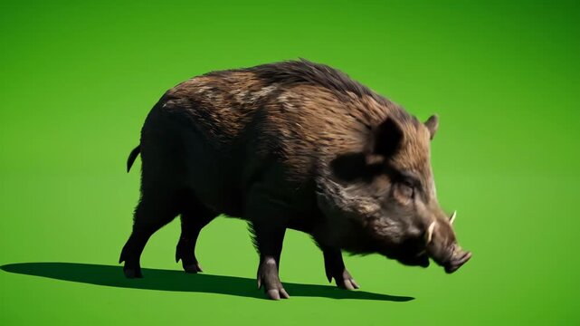 A lifelike 3D animated wild boar with detailed fur grunts and walks on a chroma key green screen background, ideal for various projects.