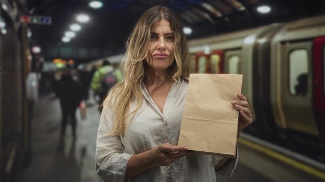 Woman holding a plain paper bag on a crowded subway platform inside a building, presenting it with a tense pout and guarded expression; waiting concern.