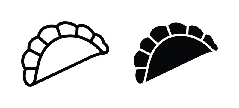 Minimalist dumpling vector icons, black and white pierogi line art, traditional gyoza and empanada symbols for restaurant menus and food packaging