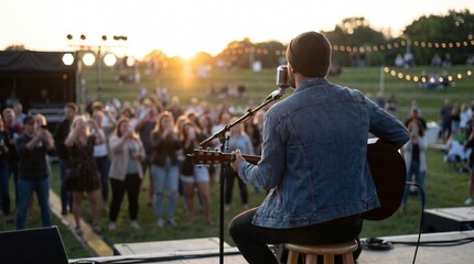 Musician performs on outdoor stage with guitar at sunset festival event