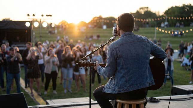 Musician performs on outdoor stage with guitar at sunset festival event