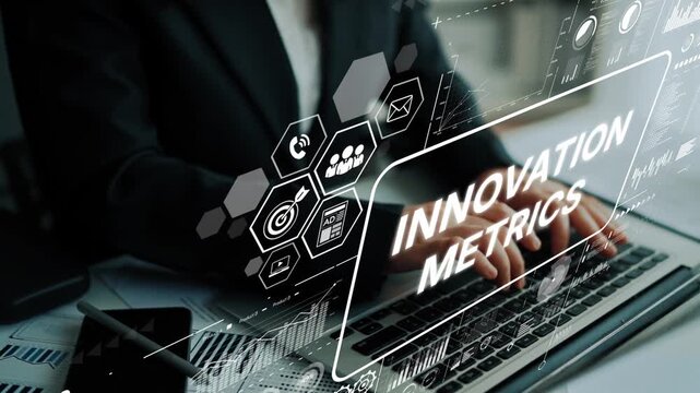 Business professional analyzing innovation metrics on a laptop with graphic elements for data visualization and analytics. Asymptotic smart data analytic.