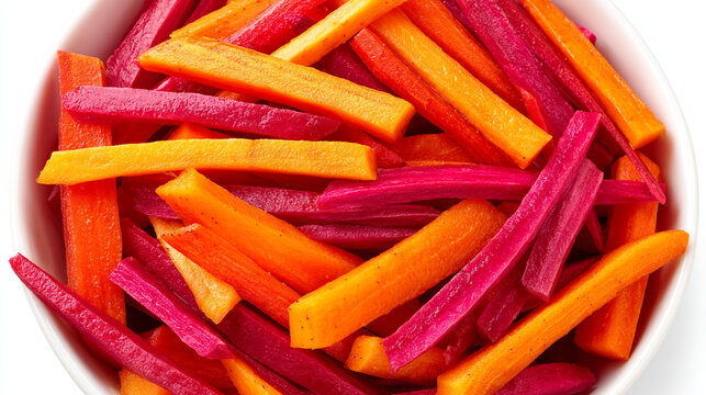 A white bowl overflows with colorful carrot and beetroot sticks.