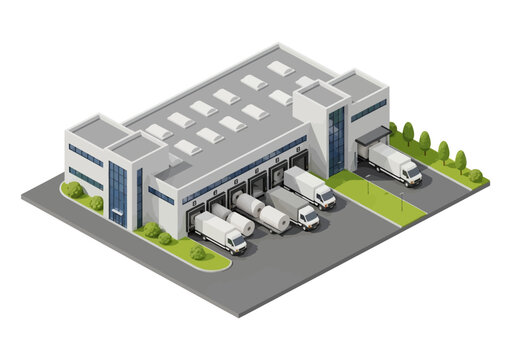 Isometric vector illustration of a modern logistics warehouse with trucks and loading docks
