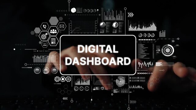 Hands Typing on Keyboard with Digital Dashboard and Data Analytics on Screen Display for Business Insights and Monitoring. Asymptotic smart data analytic.