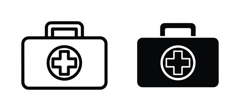Medical first aid kit vector icons, black line and solid emergency briefcase symbols, healthcare doctor bag illustrations for hospital and safety apps
