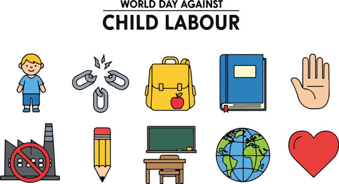 World Day Against Child Labour vector icon set for awareness and prevention