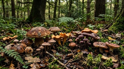 Fototapeta premium Mushrooms Growing in Forest Underbrush in Natural Setting