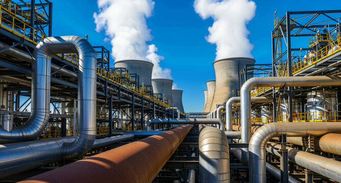 Industrial power plant with cooling towers emitting steam. Complex steel pipes and infrastructure under a blue sky. Energy utility concept, perfect for heavy industry and engineering media.