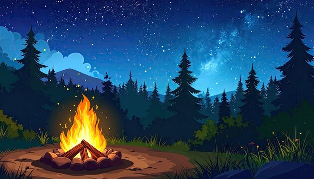 Pixel Art Night Sky Campfire Scene With Forest And Mountains Under Starry Sky