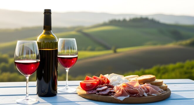 adobe stock image of wine glasses and bottle on table with food plate overlooking green hills