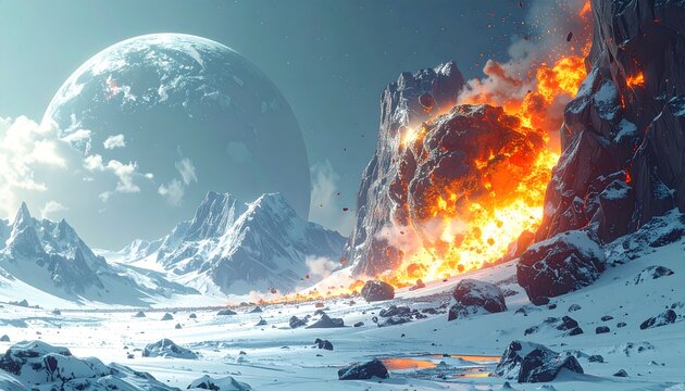 Massive asteroid explosion colliding with snowy mountain peak in dramatic fiery impact