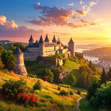 A serene castle on a hill at sunset