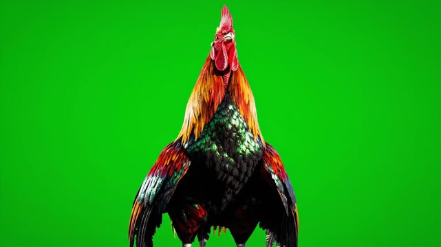 A magnificent rooster with colorful plumage crows loudly and flaps its wings against a green screen background.