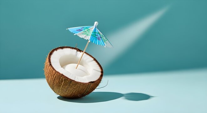 A halved coconut with a miniature umbrella on a blue surface, adobe stock image of a tropical still life.