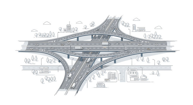 A detailed monochrome line drawing illustrates a multi-level highway interchange featuring tiny colorful cars navigating through complex ramps and suburban landscape elements.
