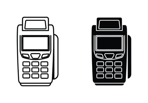 Minimalist POS terminal icon set, credit card reader vector illustration, black and white electronic payment machine symbols for retail and banking