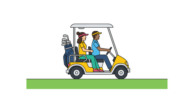 Two diverse golfers wearing protective sun visors travel across a vibrant green lawn in a bright yellow electric cart under a bright and clear sky.