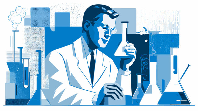 A scientist in a lab coat examines a flask in a stylized, geometric laboratory setting