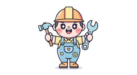 Fototapeta premium Happy Labor's Day! A cheerful construction worker in overalls and a hard hat holds a hammer and wrench, celebrating the spirit of hardworking individuals worldwide