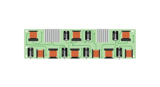 A detailed green printed circuit board populated with numerous copper wire coils and black electrolytic capacitors arranged symmetrically on a white surface.