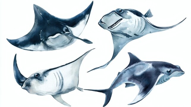 Watercolor illustrations of manta rays and devil rays in blue tones, five stylized ray poses on white background