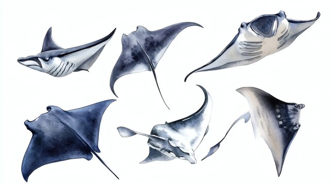 Watercolor illustrations of manta rays and devil rays in blue tones, five stylized ray poses on white background